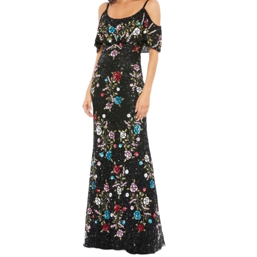 Mac Duggal Cold Shoulder Sequin Floral Gown Dress Black Size 2 Formal Black Tie